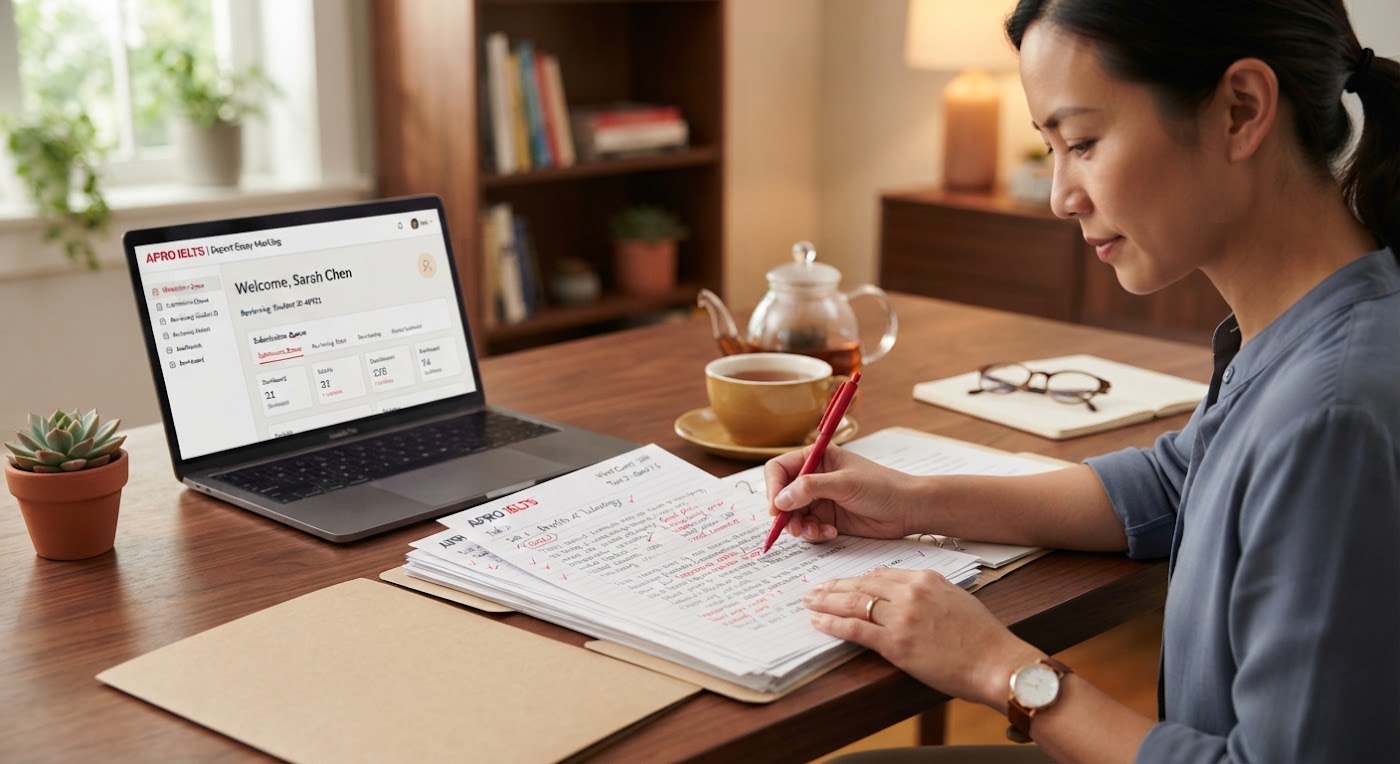 A tutor marking an IELTS essay