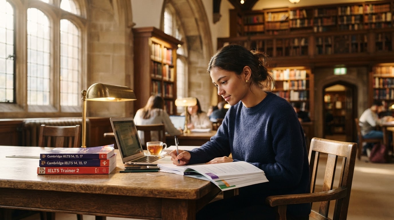 A student studying for IELTS in a library